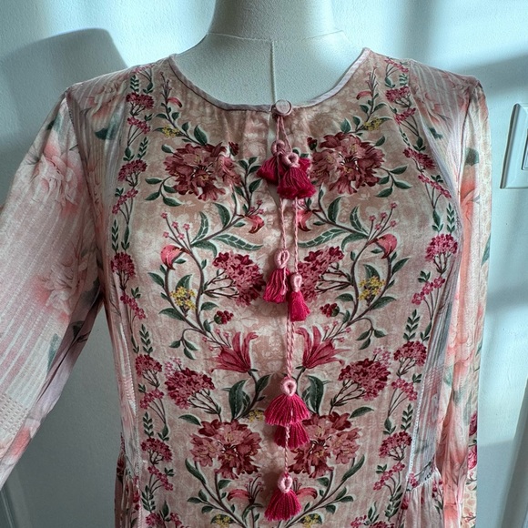 Anita Dongre Silk Pink and Cream Floral Dress - Picture 3 of 8